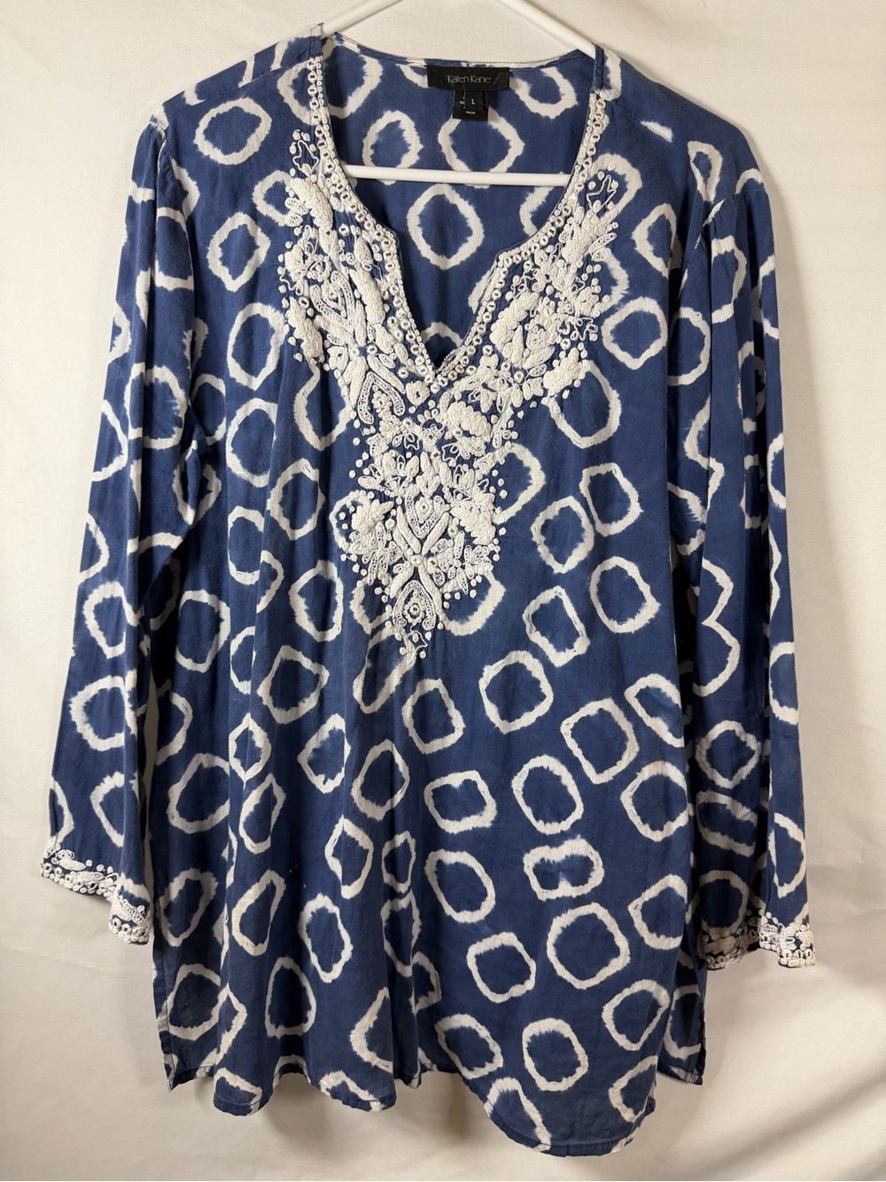 Karen Kane Blue White Embroidered Cotton Tunic Top Size L